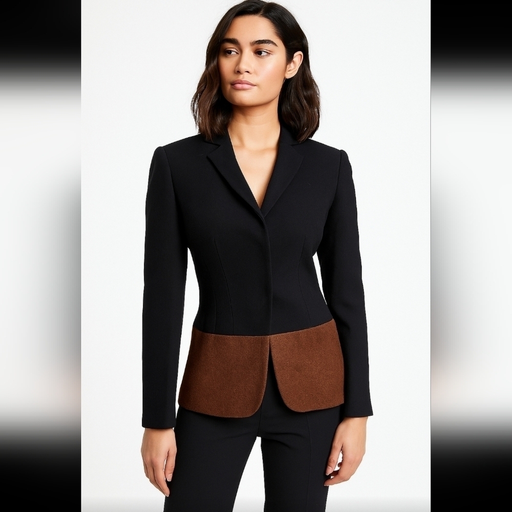 Sportmax MaxMara Womans Black And Brown Virgin Wool Blend Colorblock Blazer 2
